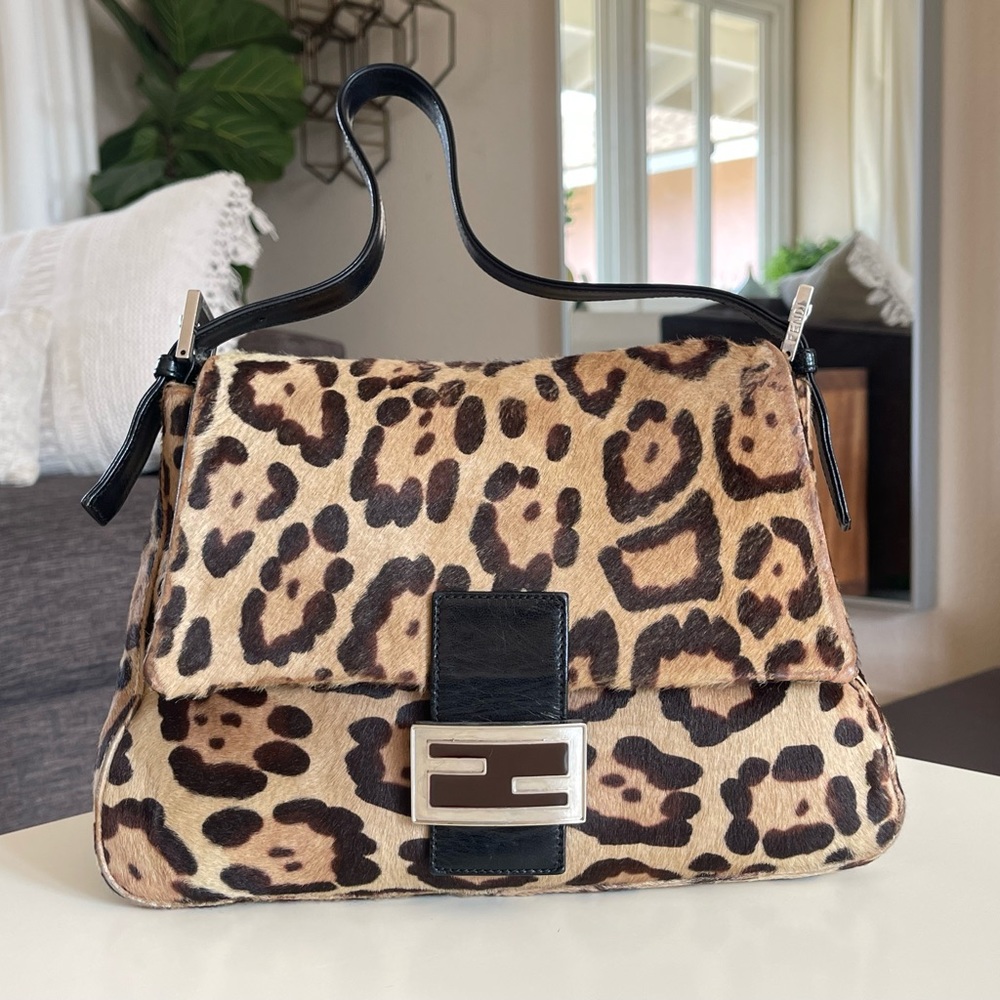 FENDI Calf Hair Leopard Print Mama Baguette Brown